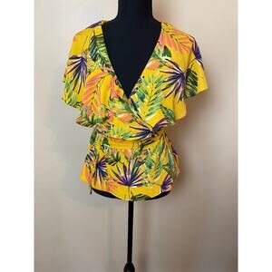 tropical print wrap top size small do + be yellow open back